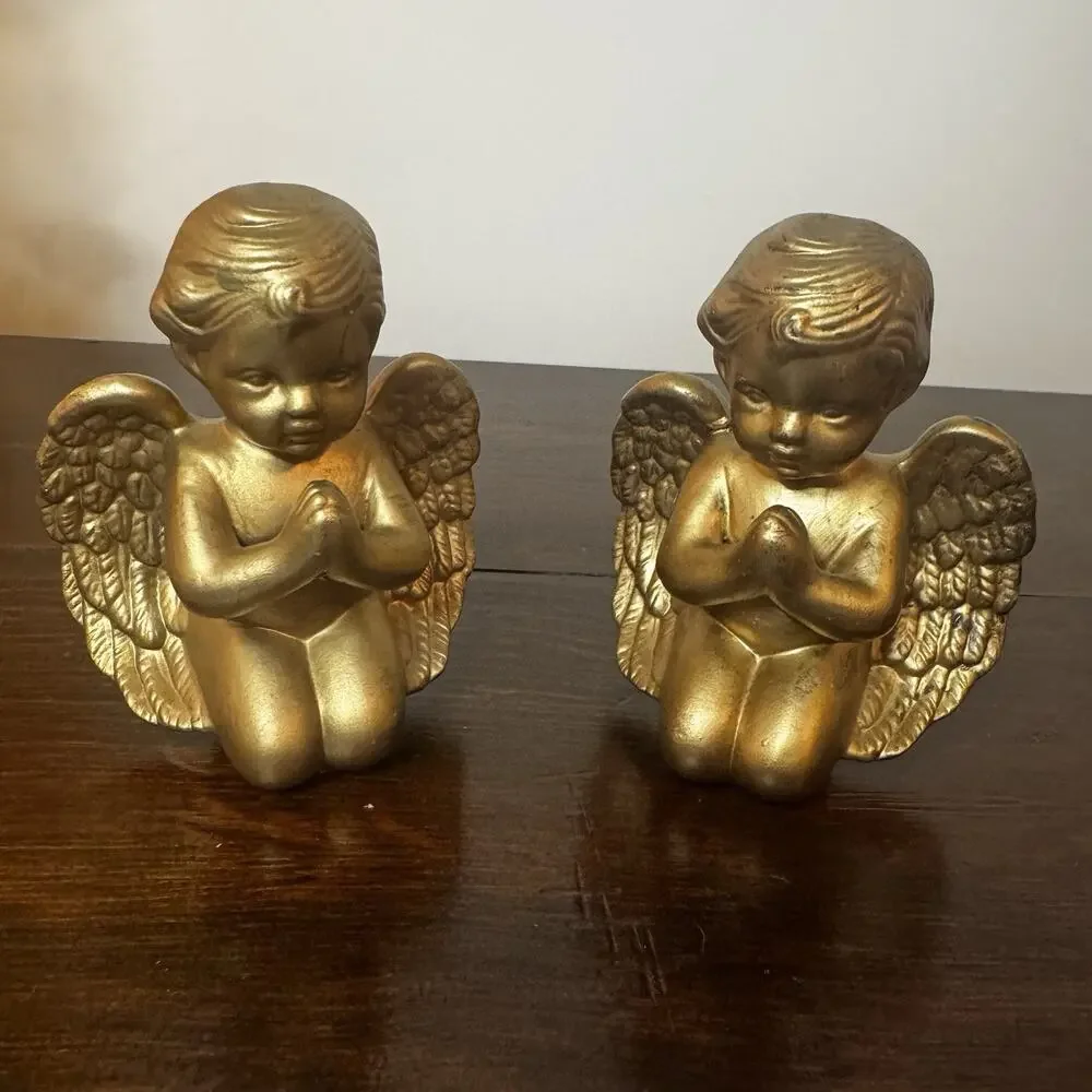 Vintage Angel Praying Gold Tone 2 Cherubs Made Taiwan 4.5